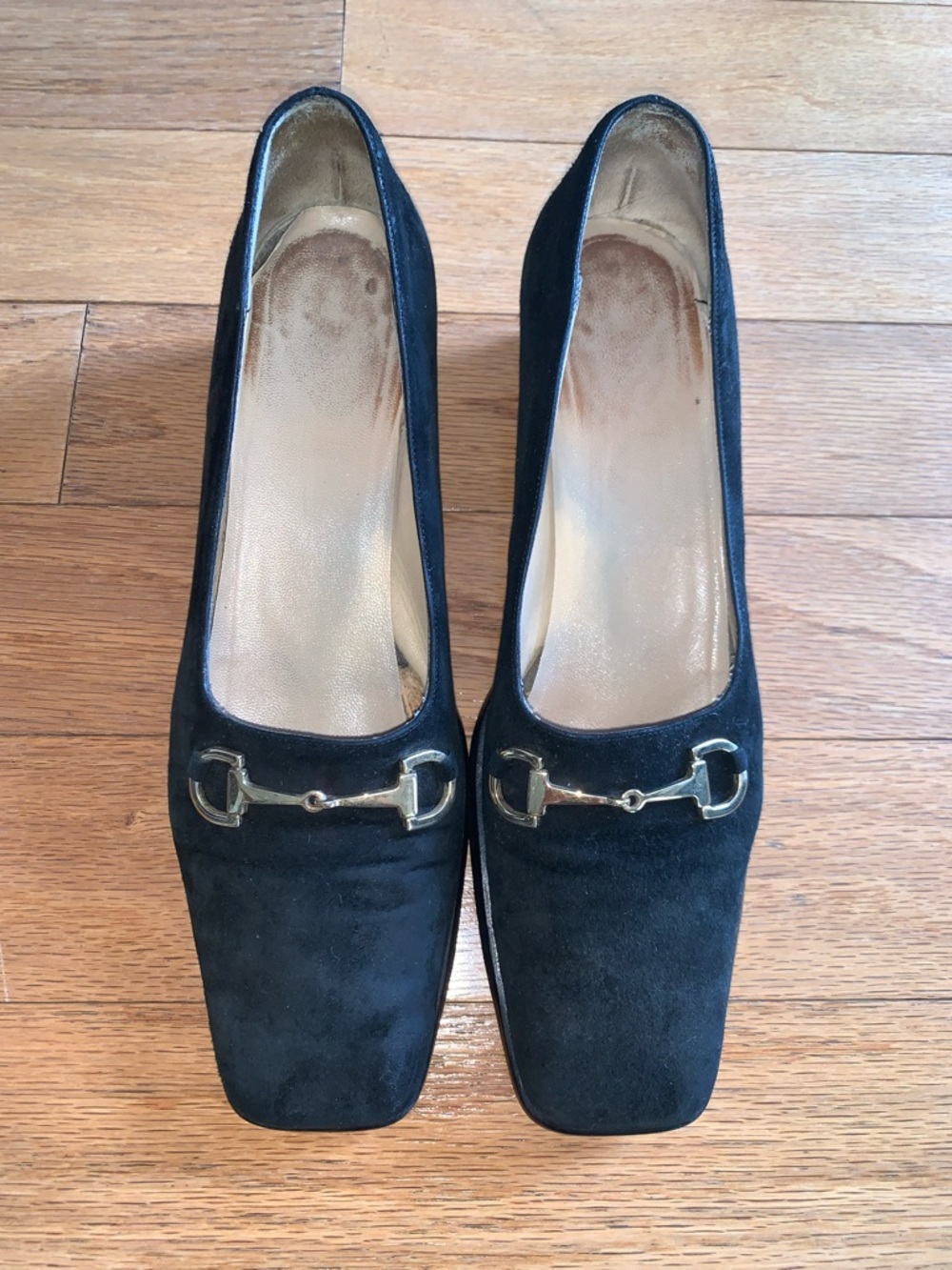 Gucci Black Suede Pumps with Gold-tone Horsebit Accent, Size 8B.